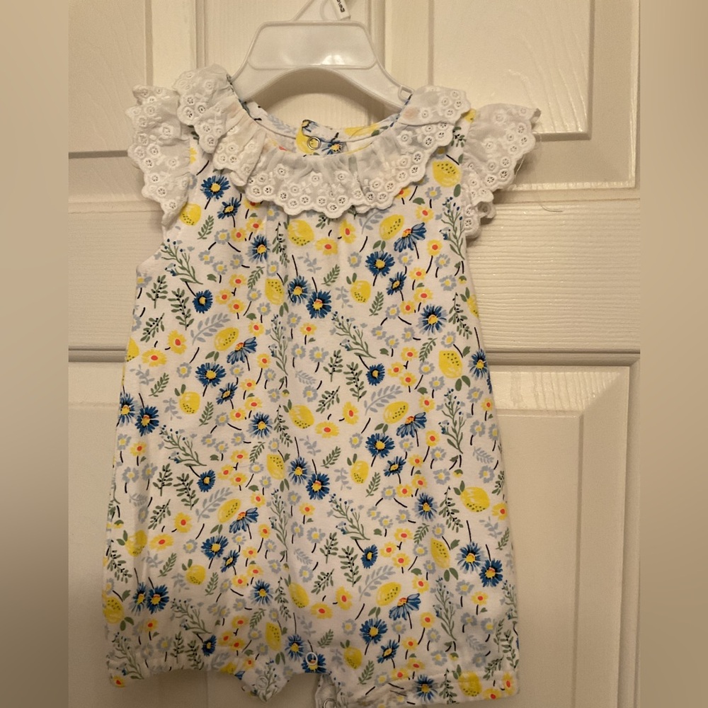 Laura Ashley Baby Romper with Blue and Yellow Floral Pattern. New Without Tag